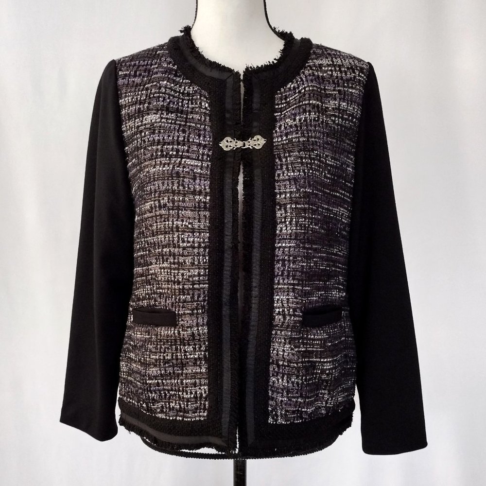Chicos Purple and Black Tweed Open Front Jacket With Pockets